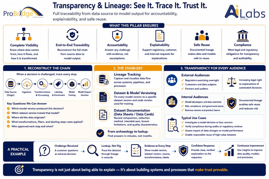 An infographic from Probridge about Transparency & Lineage in AI